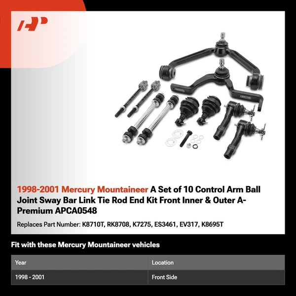 1998-2001 Mercury Mountaineer A Set of 10 Control Arm Ball Joint Sway Bar Link Tie Rod End Kit Front Inner & Outer A-Premium APCA0548