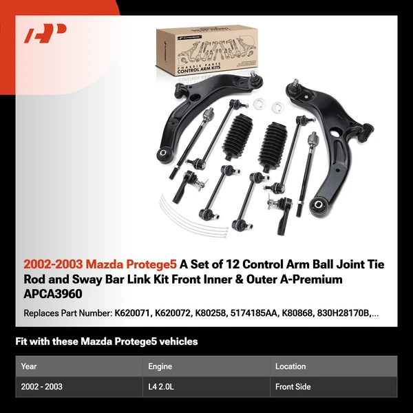 2002-2003 Mazda Protege5 A Set of 12 Control Arm Ball Joint Tie Rod and Sway Bar Link Kit Front Inner & Outer A-Premium APCA3960