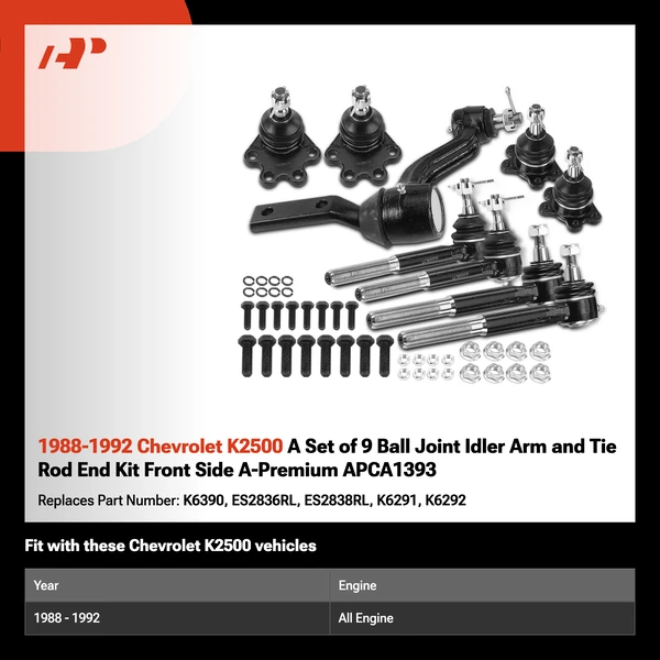 1988-1992 Chevrolet K2500 A Set of 9 Ball Joint Idler Arm and Tie Rod End Kit Front Side A-Premium APCA1393