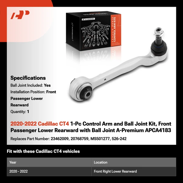 2020-2022 Cadillac CT4 1-Pc Control Arm and Ball Joint Kit, Front Passenger Lower Rearward with Ball Joint A-Premium APCA4183