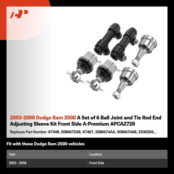 2003-2008 Dodge Ram 2500 A Set of 6 Ball Joint and Tie Rod End Adjusting Sleeve Kit Front Side A-Premium APCA2728