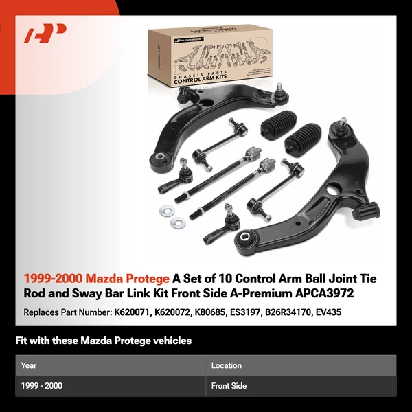 1999-2000 Mazda Protege A Set of 10 Control Arm Ball Joint Tie Rod and Sway Bar Link Kit Front Side A-Premium APCA3972