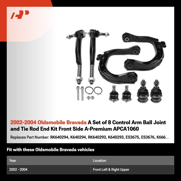 2002-2004 Oldsmobile Bravada A Set of 8 Control Arm Ball Joint and Tie Rod End Kit Front Side A-Premium APCA1060