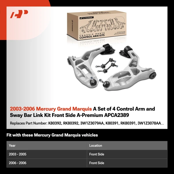 2003-2006 Mercury Grand Marquis A Set of 4 Control Arm and Sway Bar Link Kit Front Side A-Premium APCA2389