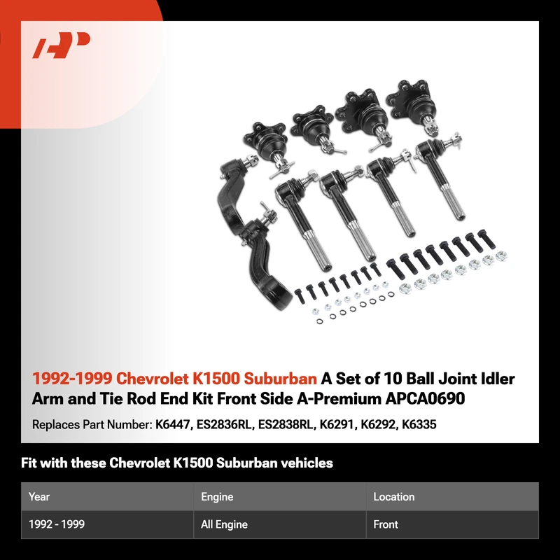 1992-1999 Chevrolet K1500 Suburban A Set of 10 Ball Joint Idler Arm and Tie Rod End Kit Front Side A-Premium APCA0690