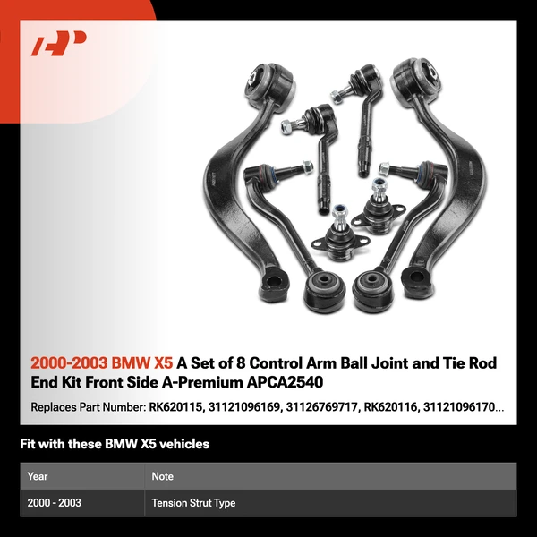 2000-2003 BMW X5 A Set of 8 Control Arm Ball Joint and Tie Rod End Kit Front Side A-Premium APCA2540
