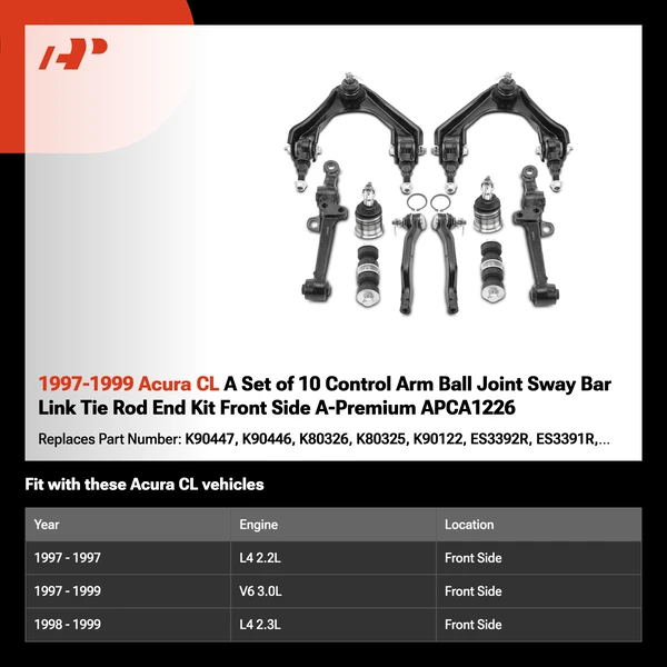 1997-1999 Acura CL A Set of 10 Control Arm Ball Joint Sway Bar Link Tie Rod End Kit Front Side A-Premium APCA1226