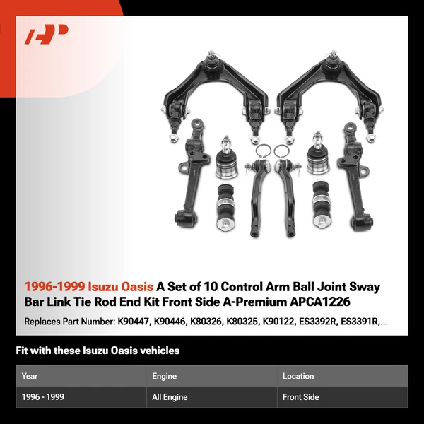 1996-1999 Isuzu Oasis A Set of 10 Control Arm Ball Joint Sway Bar Link Tie Rod End Kit Front Side A-Premium APCA1226