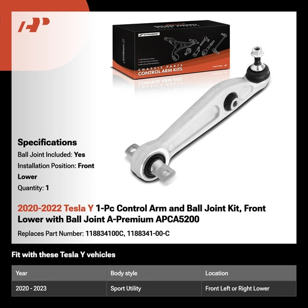 2020-2022 Tesla Y 1-Pc Control Arm and Ball Joint Kit, Front Lower with Ball Joint A-Premium APCA5200