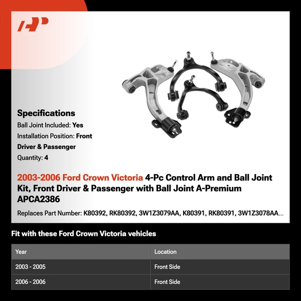 2003-2006 Ford Crown Victoria 4-Pc Control Arm and Ball Joint Kit, Front Driver & Passenger with Ball Joint A-Premium APCA2386
