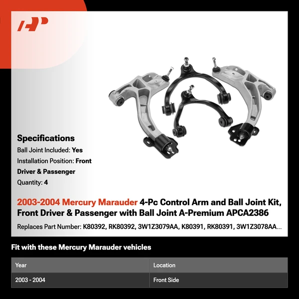 2003-2004 Mercury Marauder 4-Pc Control Arm and Ball Joint Kit, Front Driver & Passenger with Ball Joint A-Premium APCA2386