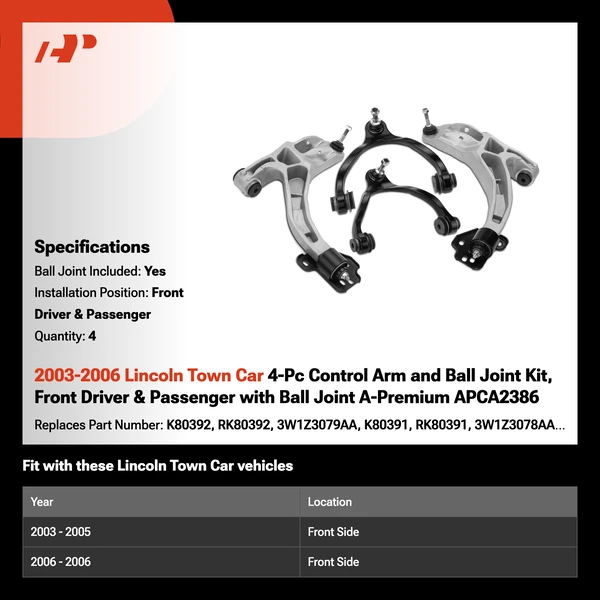 2003-2006 Lincoln Town Car 4-Pc Control Arm and Ball Joint Kit, Front Driver & Passenger with Ball Joint A-Premium APCA2386