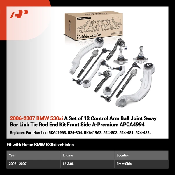 2006-2007 BMW 530xi A Set of 12 Control Arm Ball Joint Sway Bar Link Tie Rod End Kit Front Side A-Premium APCA4994