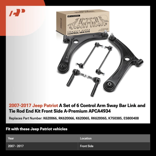 2007-2017 Jeep Patriot A Set of 6 Control Arm Sway Bar Link and Tie Rod End Kit Front Side A-Premium APCA4934