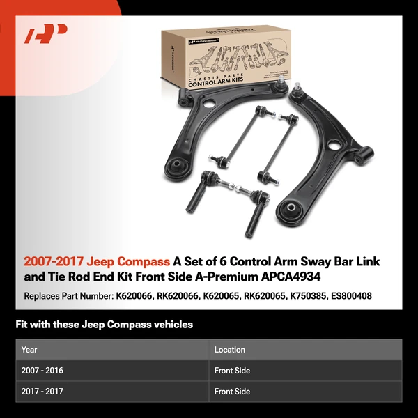 2007-2017 Jeep Compass A Set of 6 Control Arm Sway Bar Link and Tie Rod End Kit Front Side A-Premium APCA4934