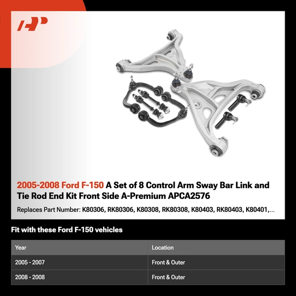 2005-2008 Ford F-150 A Set of 8 Control Arm Sway Bar Link and Tie Rod End Kit Front Side A-Premium APCA2576