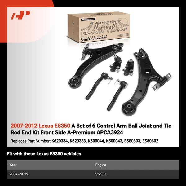 2007-2012 Lexus ES350 A Set of 6 Control Arm Ball Joint and Tie Rod End Kit Front Side A-Premium APCA3924