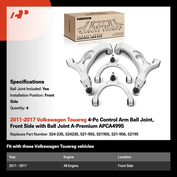 2011-2017 Volkswagen Touareg 4-Pc Control Arm Ball Joint, Front Side with Ball Joint A-Premium APCA4995