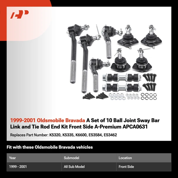 1999-2001 Oldsmobile Bravada A Set of 10 Ball Joint Sway Bar Link and Tie Rod End Kit Front Side A-Premium APCA0631