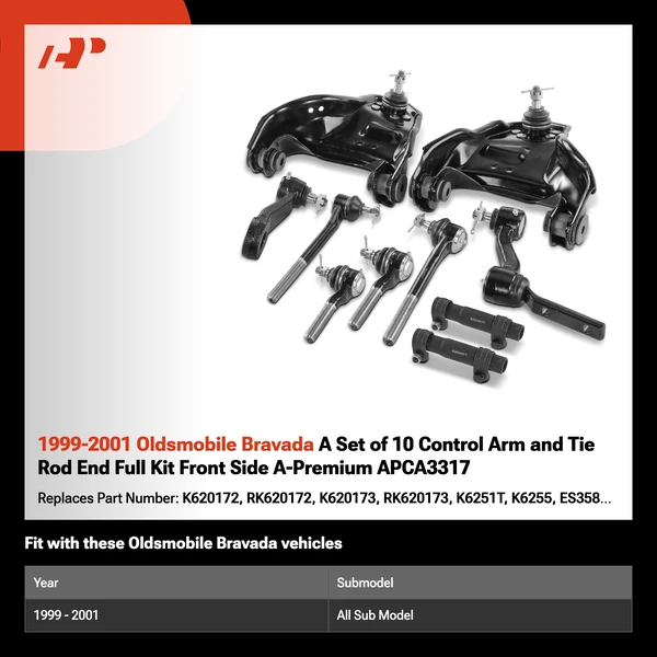 1999-2001 Oldsmobile Bravada A Set of 10 Control Arm and Tie Rod End Full Kit Front Side A-Premium APCA3317