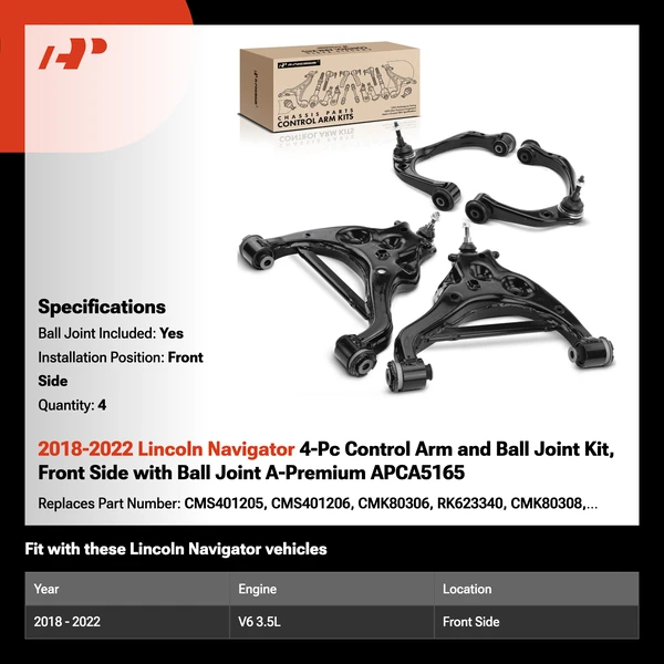 2018-2022 Lincoln Navigator 4-Pc Control Arm and Ball Joint Kit, Front Side with Ball Joint A-Premium APCA5165