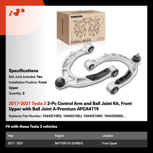 2017-2021 Tesla 3 2-Pc Control Arm and Ball Joint Kit, Front Upper with Ball Joint A-Premium APCA4119