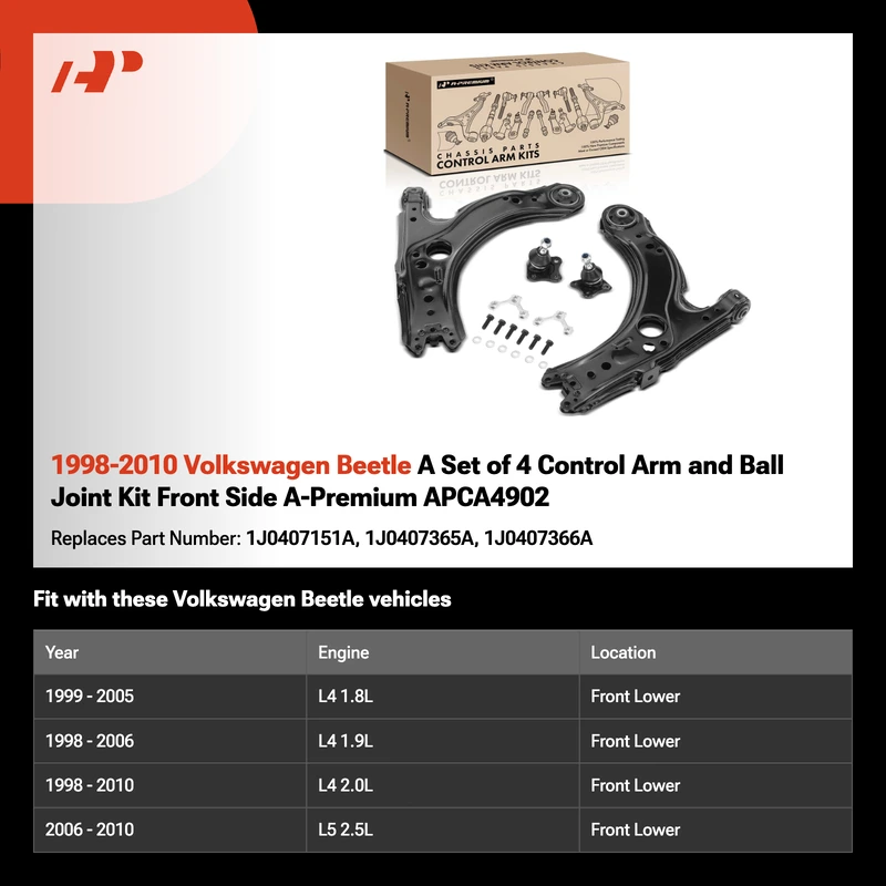 1998-2010 Volkswagen Beetle A Set of 4 Control Arm and Ball Joint Kit Front Side A-Premium APCA4902