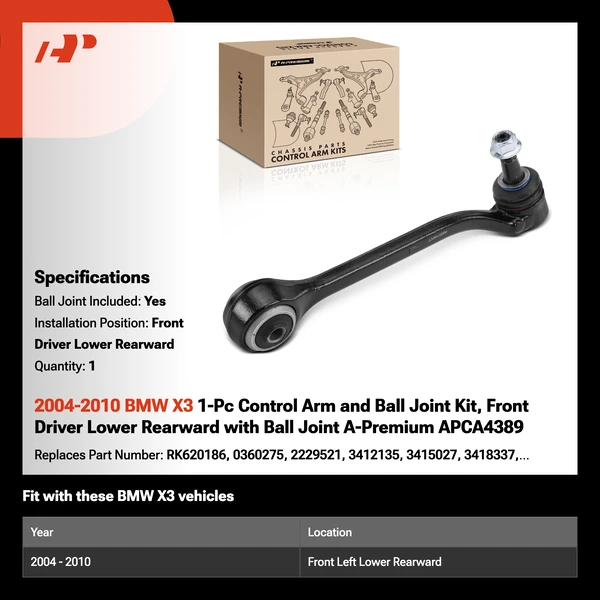 2004-2010 BMW X3 1-Pc Control Arm and Ball Joint Kit, Front Driver Lower Rearward with Ball Joint A-Premium APCA4389