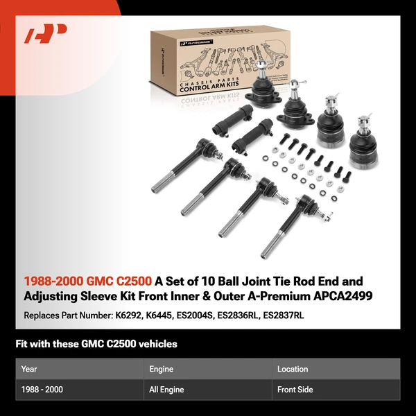 1988-2000 GMC C2500 A Set of 10 Ball Joint Tie Rod End and Adjusting Sleeve Kit Front Inner & Outer A-Premium APCA2499