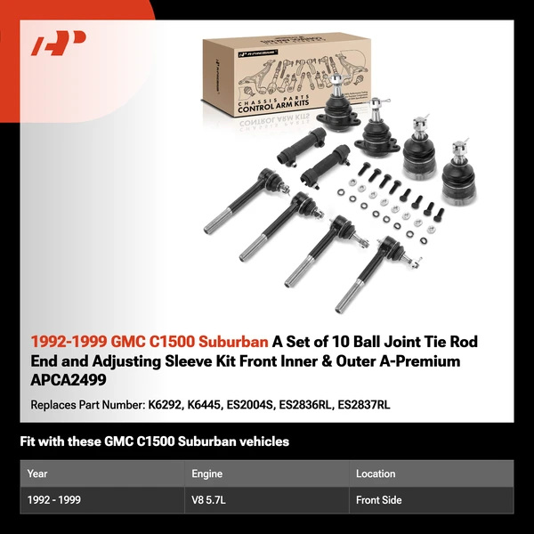 1992-1999 GMC C1500 Suburban A Set of 10 Ball Joint Tie Rod End and Adjusting Sleeve Kit Front Inner & Outer A-Premium APCA2499