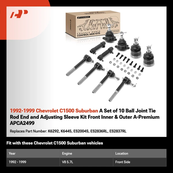 1992-1999 Chevrolet C1500 Suburban A Set of 10 Ball Joint Tie Rod End and Adjusting Sleeve Kit Front Inner & Outer A-Premium APCA2499