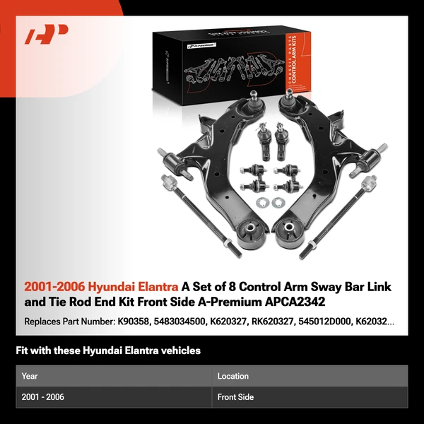 2001-2006 Hyundai Elantra A Set of 8 Control Arm Sway Bar Link and Tie Rod End Kit Front Side A-Premium APCA2342