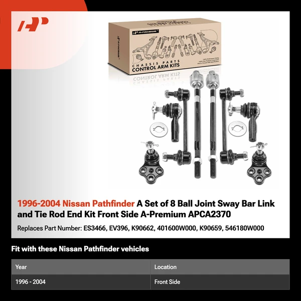 1996-2004 Nissan Pathfinder A Set of 8 Ball Joint Sway Bar Link and Tie Rod End Kit Front Side A-Premium APCA2370