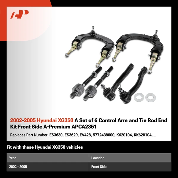 2002-2005 Hyundai XG350 A Set of 6 Control Arm and Tie Rod End Kit Front Side A-Premium APCA2351