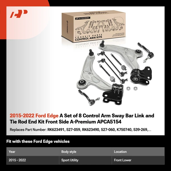 2015-2022 Ford Edge A Set of 8 Control Arm Sway Bar Link and Tie Rod End Kit Front Side A-Premium APCA5154