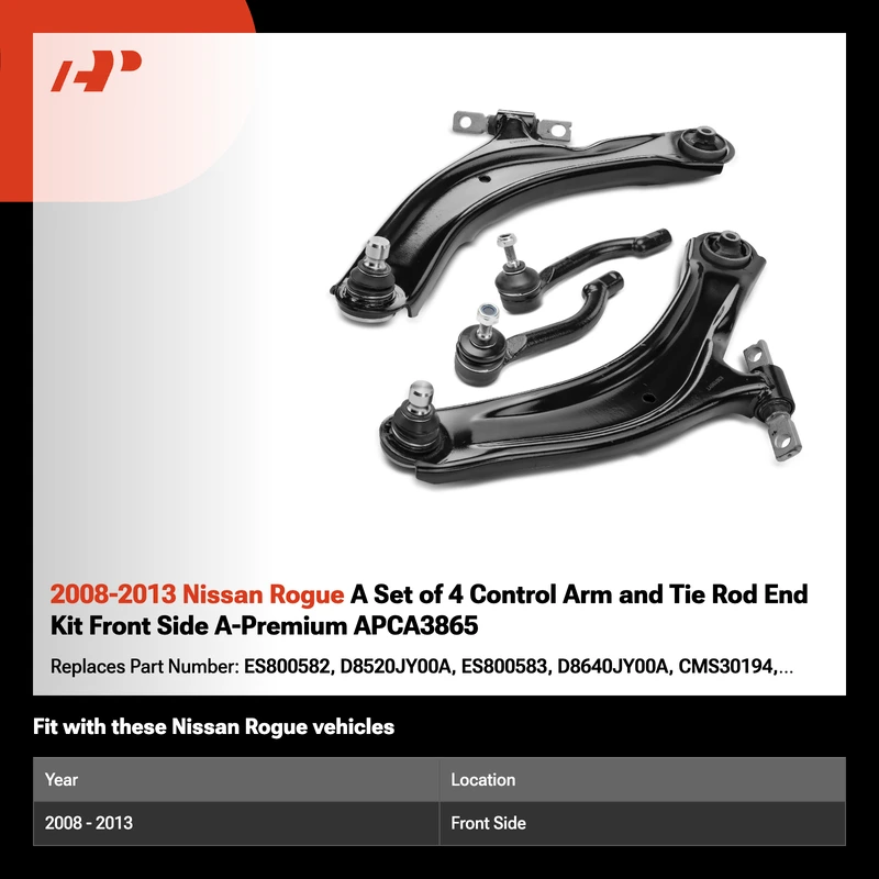 2008-2013 Nissan Rogue A Set of 4 Control Arm and Tie Rod End Kit Front Side A-Premium APCA3865