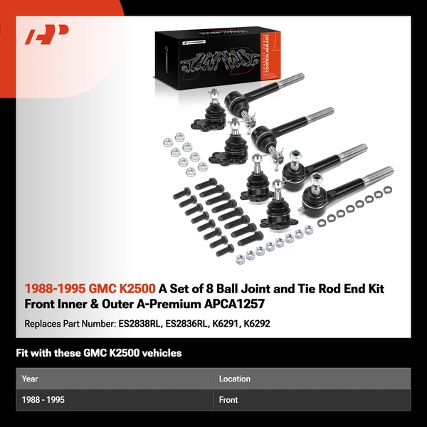 1988-1995 GMC K2500 A Set of 8 Ball Joint and Tie Rod End Kit Front Inner & Outer A-Premium APCA1257