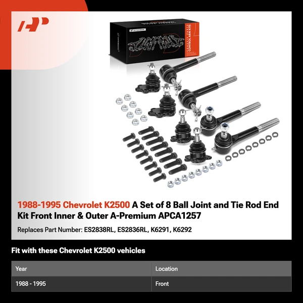 1988-1995 Chevrolet K2500 A Set of 8 Ball Joint and Tie Rod End Kit Front Inner & Outer A-Premium APCA1257