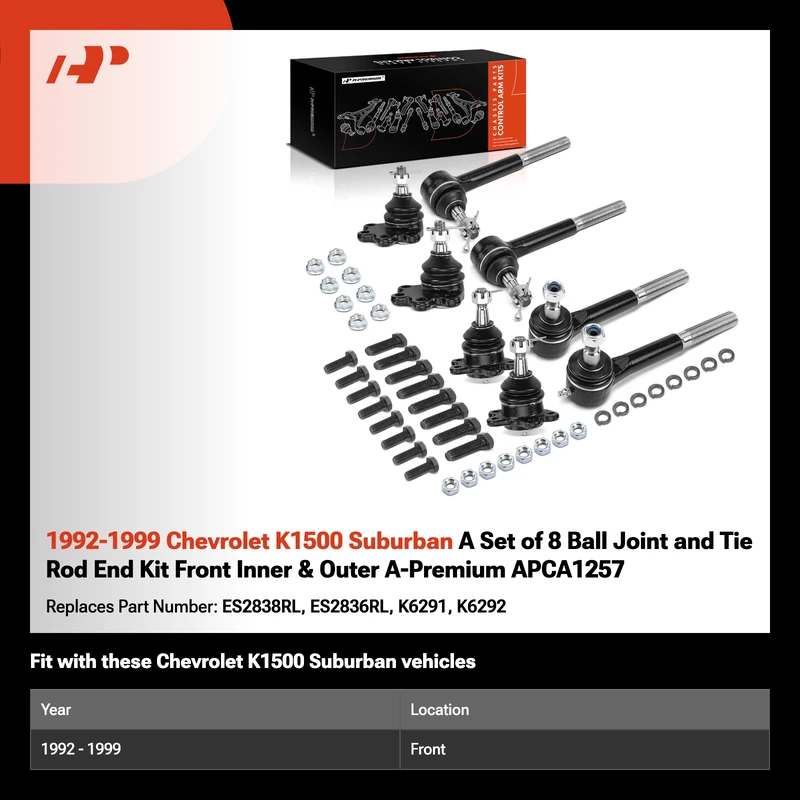 1992-1999 Chevrolet K1500 Suburban A Set of 8 Ball Joint and Tie Rod End Kit Front Inner & Outer A-Premium APCA1257