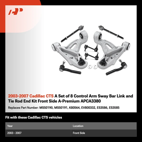 2003-2007 Cadillac CTS A Set of 8 Control Arm Sway Bar Link and Tie Rod End Kit Front Side A-Premium APCA3380