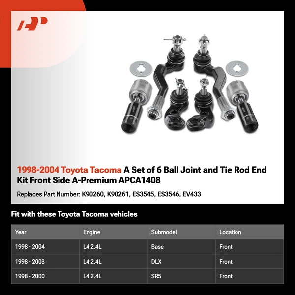 1998-2004 Toyota Tacoma A Set of 6 Ball Joint and Tie Rod End Kit Front Side A-Premium APCA1408