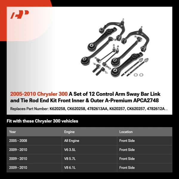 2005-2010 Chrysler 300 A Set of 12 Control Arm Sway Bar Link and Tie Rod End Kit Front Inner & Outer A-Premium APCA2748