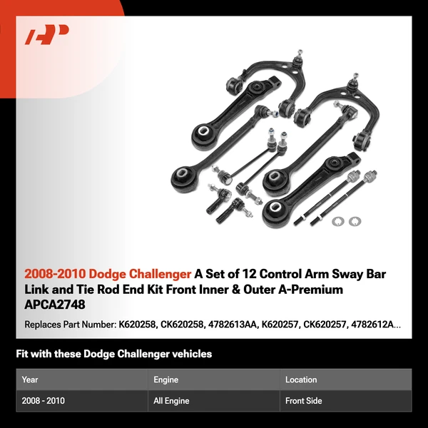 2008-2010 Dodge Challenger A Set of 12 Control Arm Sway Bar Link and Tie Rod End Kit Front Inner & Outer A-Premium APCA2748