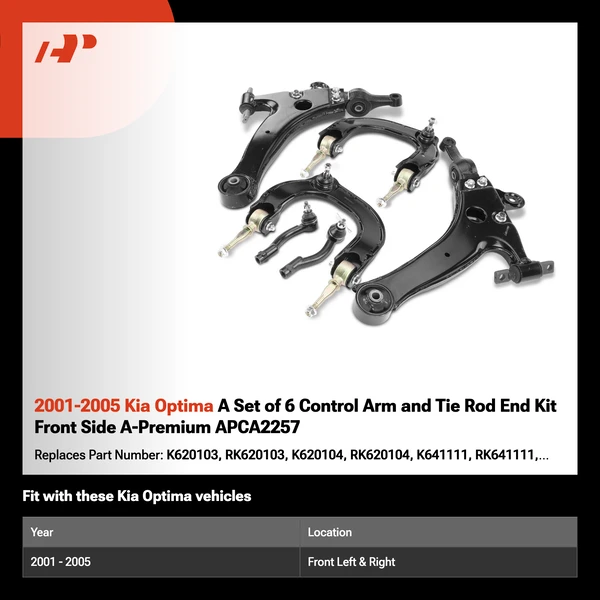 2001-2005 Kia Optima A Set of 6 Control Arm and Tie Rod End Kit Front Side A-Premium APCA2257