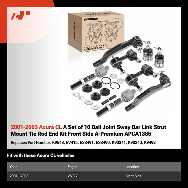 2001-2003 Acura CL A Set of 10 Ball Joint Sway Bar Link Strut Mount Tie Rod End Kit Front Side A-Premium APCA1385