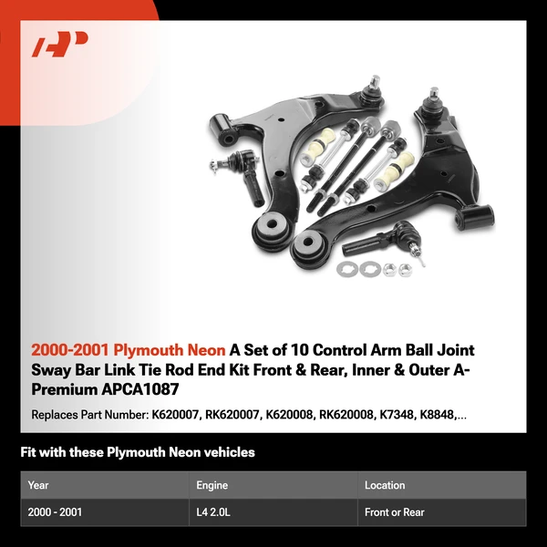 2000-2001 Plymouth Neon A Set of 10 Control Arm Ball Joint Sway Bar Link Tie Rod End Kit Front & Rear, Inner & Outer A-Premium APCA1087