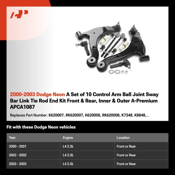 2000-2003 Dodge Neon A Set of 10 Control Arm Ball Joint Sway Bar Link Tie Rod End Kit Front & Rear, Inner & Outer A-Premium APCA1087