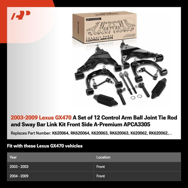 2003-2009 Lexus GX470 A Set of 12 Control Arm Ball Joint Tie Rod and Sway Bar Link Kit Front Side A-Premium APCA3305