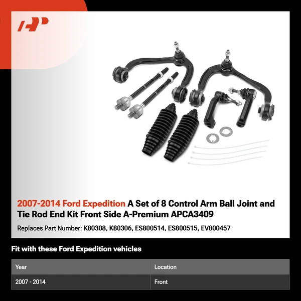 2007-2014 Ford Expedition A Set of 8 Control Arm Ball Joint and Tie Rod End Kit Front Side A-Premium APCA3409
