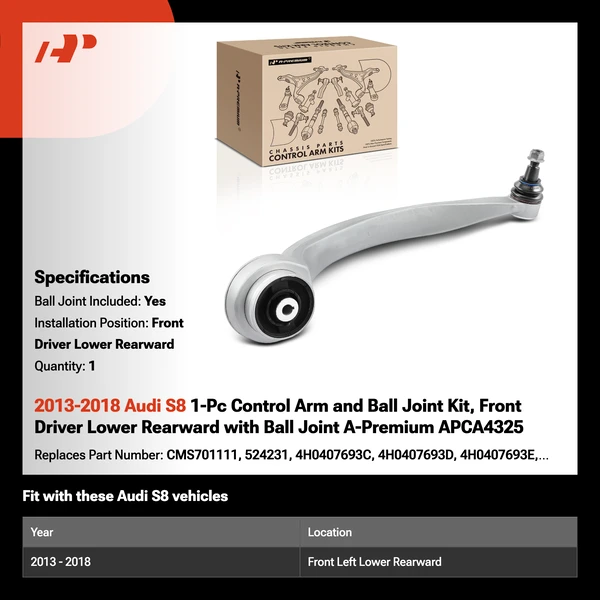 2013-2018 Audi S8 1-Pc Control Arm and Ball Joint Kit, Front Driver Lower Rearward with Ball Joint A-Premium APCA4325